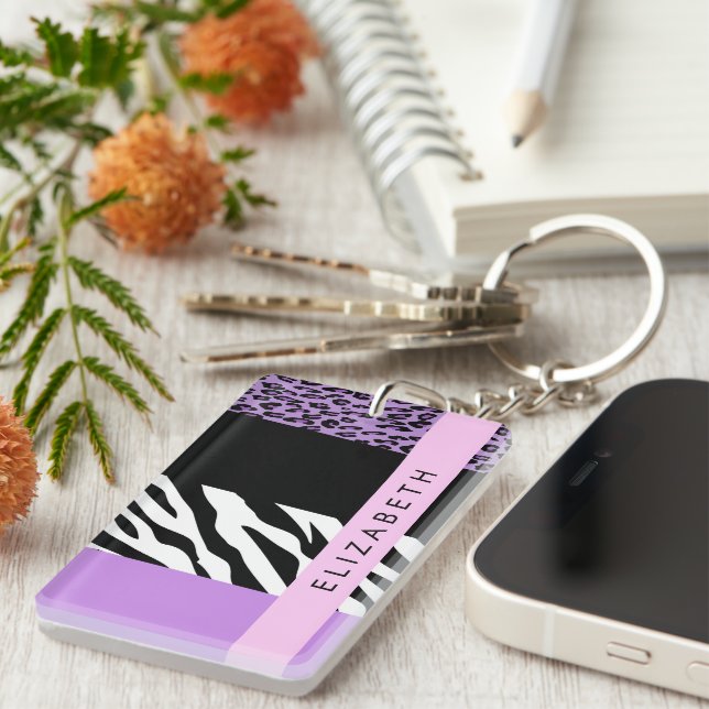 Leopard Print, Zebra Print, Purple, Your Name Keychain (Front Right)