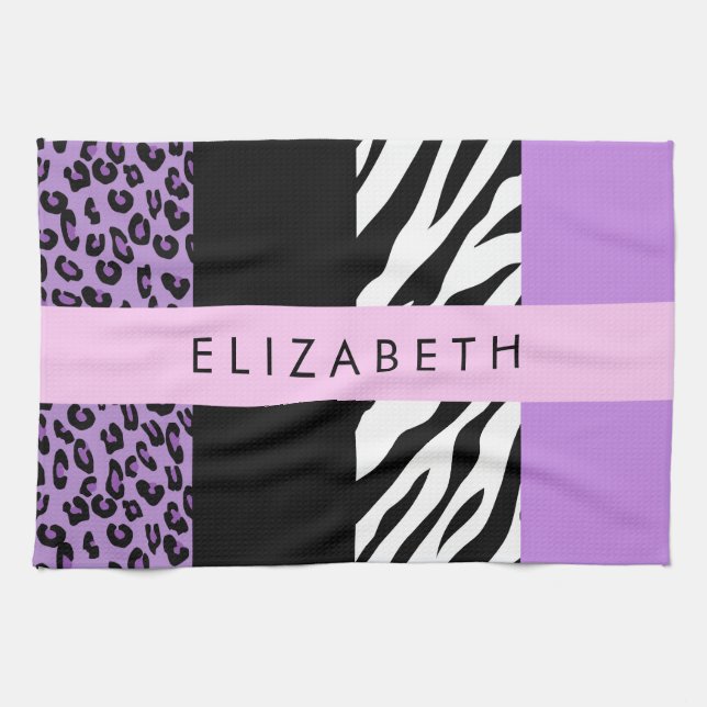 Leopard Print, Zebra Print, Purple, Your Name Kitchen Towel (Horizontal)