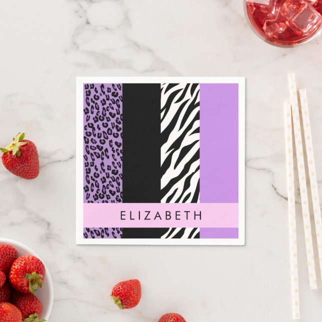 Leopard Print, Zebra Print, Purple, Your Name Napkins (Insitu)