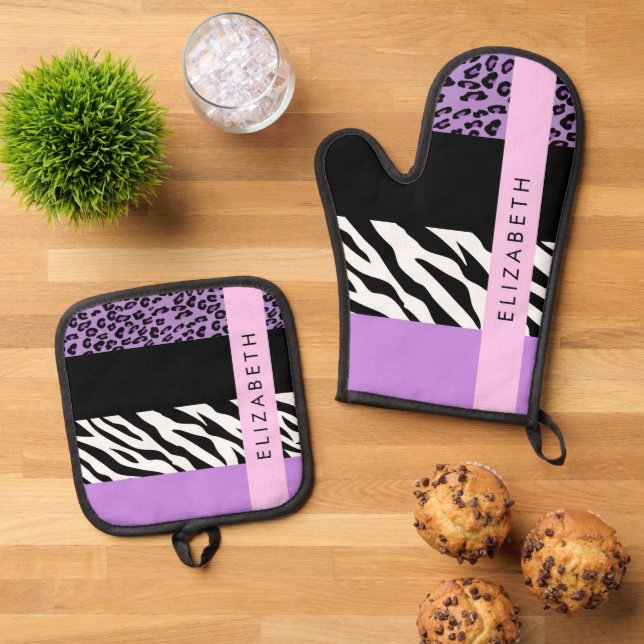 Leopard Print, Zebra Print, Purple, Your Name Oven Mitt & Pot Holder Set (Top Down)
