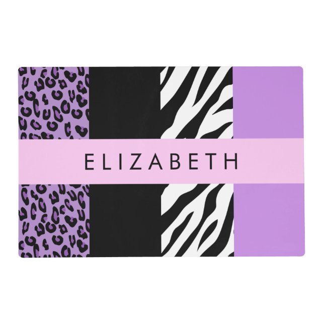 Leopard Print, Zebra Print, Purple, Your Name Placemat (Front)