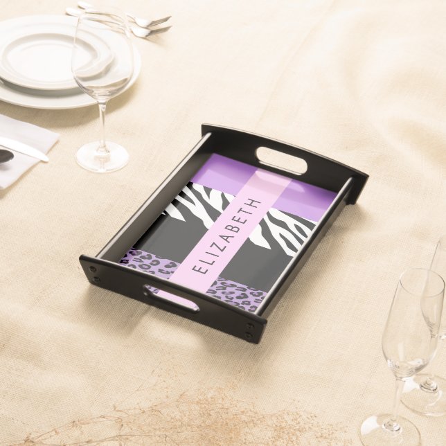 Leopard Print, Zebra Print, Purple, Your Name Serving Tray (Front)