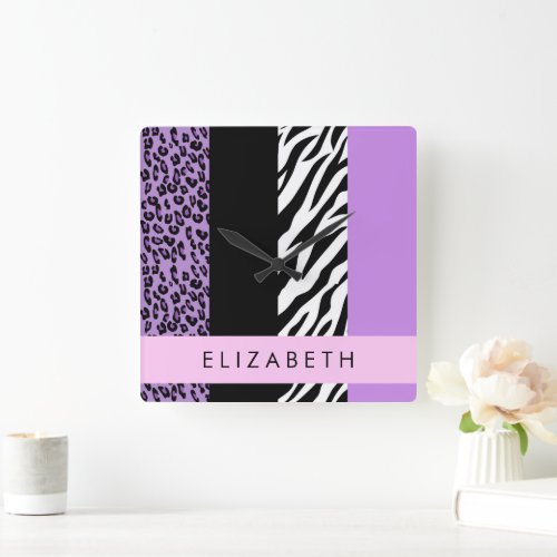 Leopard Print Zebra Print Purple Your Name Square Wall Clock