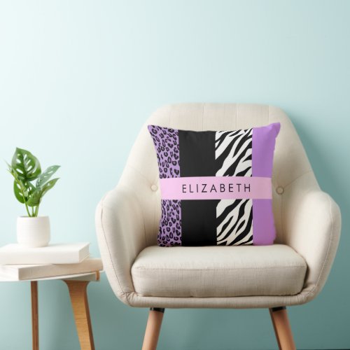 Leopard Print Zebra Print Purple Your Name Throw Pillow