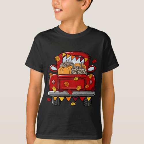 Leopard Pumpkin Farm Truck Maple leaves Hello Fall T_Shirt