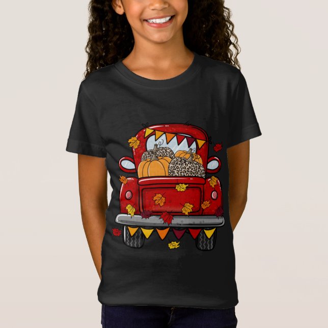 Leopard Pumpkin Farm Truck Maple leaves Hello Fall T-Shirt (Front)