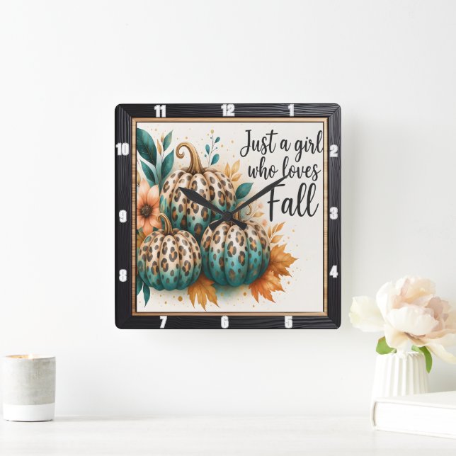 Leopard Pumpkin Girl Loves Fall Square Wall Clock (Home)