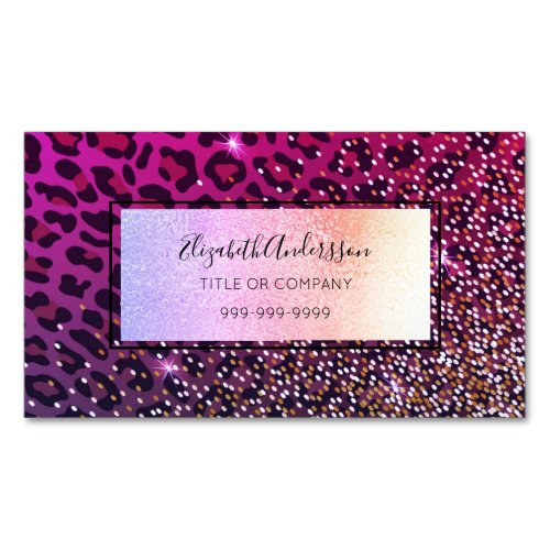 Leopard purple black sparkle glam professional business card magnet