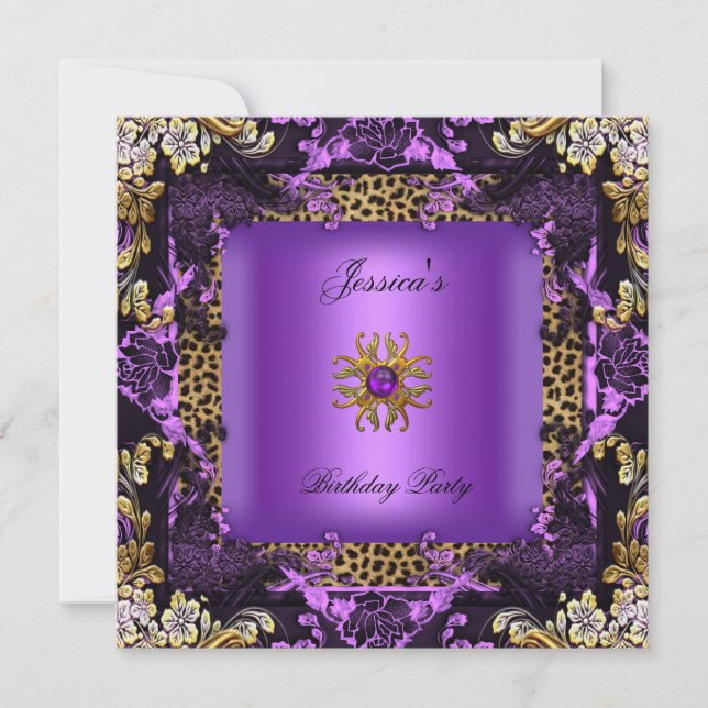 Leopard Purple Gold Black Birthday Party Floral Invitation (Front)