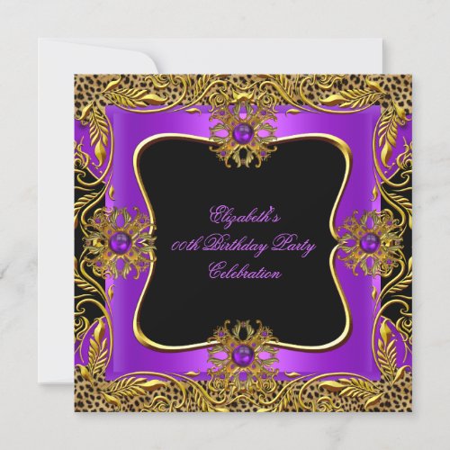 Leopard Purple Gold Jewel Black Birthday Party Invitation