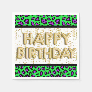 Leopard Purple Green Gold Happy Birthday Napkins