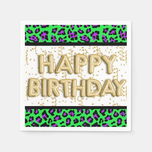 Leopard Purple Green Gold Happy Birthday  Napkins
