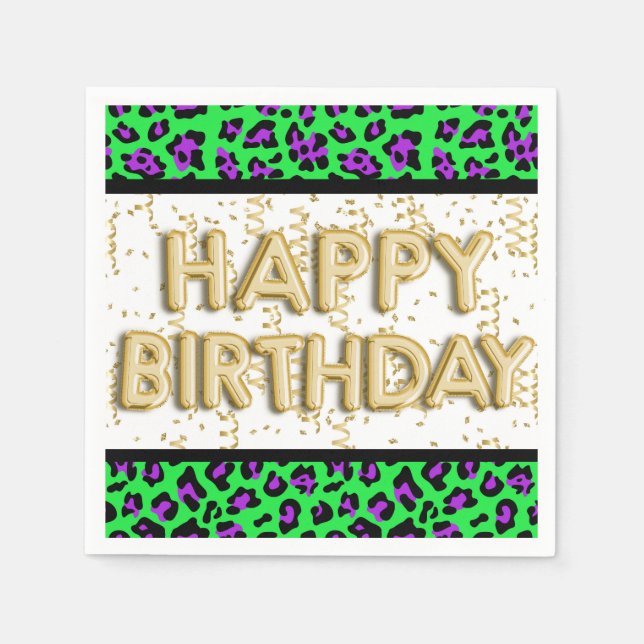 Leopard Purple Green Gold Happy Birthday  Napkins (Front)