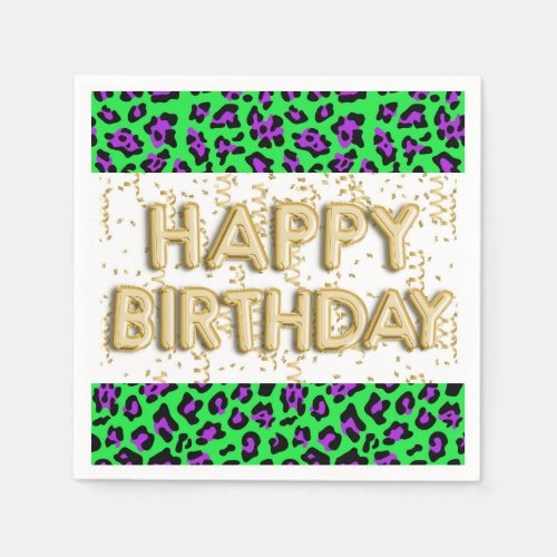 Leopard Purple Green Happy Birthday Paper Napkin