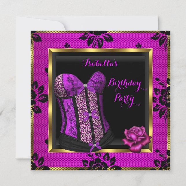 Leopard Purple Pink Plum Lace Rose Corset Party Invitation (Front)