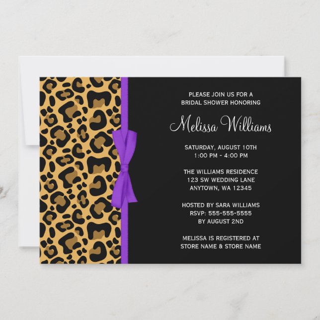 Leopard Purple Printed Ribbon Bridal Shower Invitation (Front)