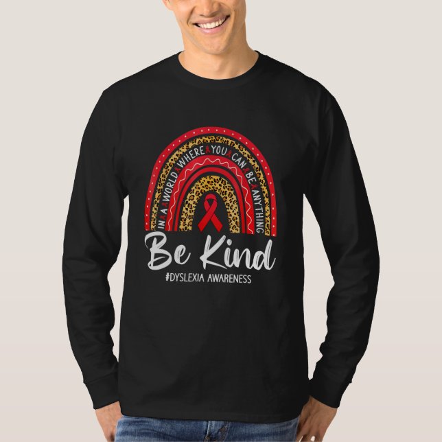 Leopard Rainbow Be Kind Red Ribbon Dyslexia Awaren T-Shirt (Front)