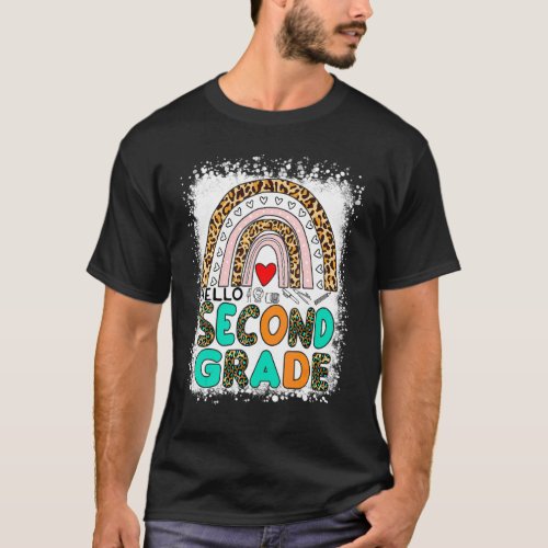 Leopard Rainbow Bleached Back To School Hello Seco T-Shirt