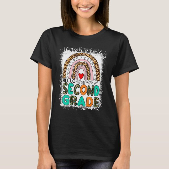 Leopard Rainbow Bleached Back To School Hello Seco T-Shirt (Front)