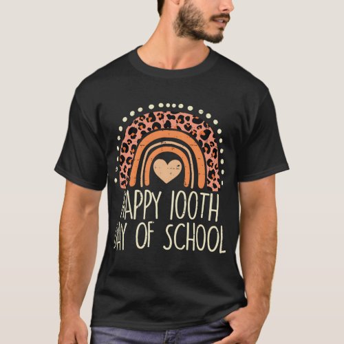 Leopard Rainbow Happy 100th Day School Cute 100 Da T_Shirt