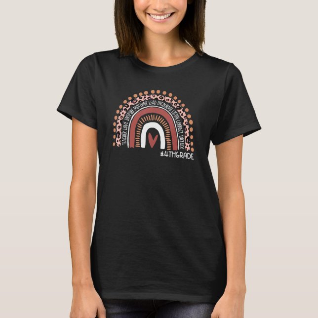 Leopard Rainbow Hello 4th Grade Teacher First Day  T-Shirt (Front)