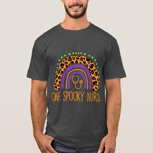 Leopard Rainbow One Spooky Nurse Halloween Costume T_Shirt