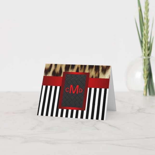 Leopard Red Black White Stripe Monogram Letterpress Thank You Card (Front)