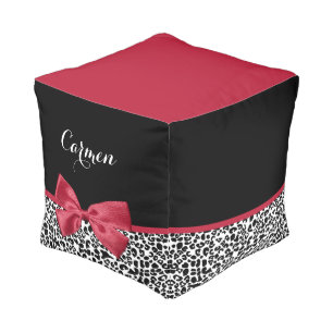 Leopard Red Bow Name Pouf