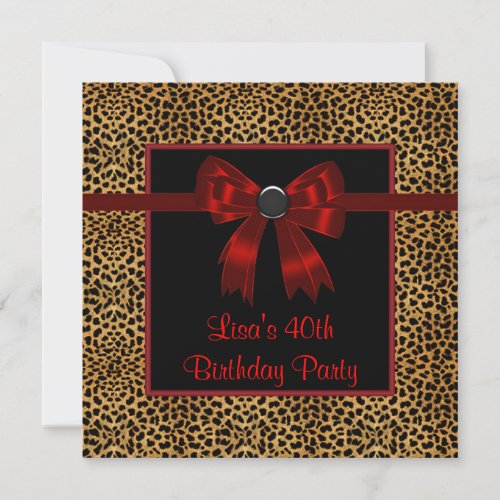 Leopard Red Bow Womans 40th Birthday Invitation