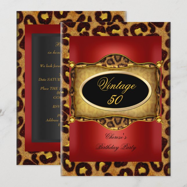 Leopard Red Gold Black Birthday Elegant Vintage Invitation (Front/Back)
