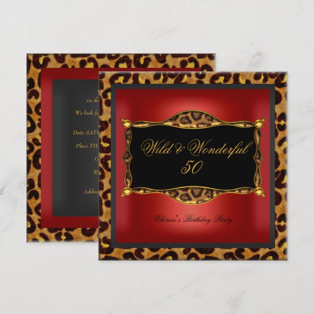 Leopard Red Gold Black Birthday Party Wild 50 Invitation (Front/Back)