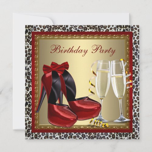 Cocktails Red High Heel Shoes Leopard Birthday Custom Announcement