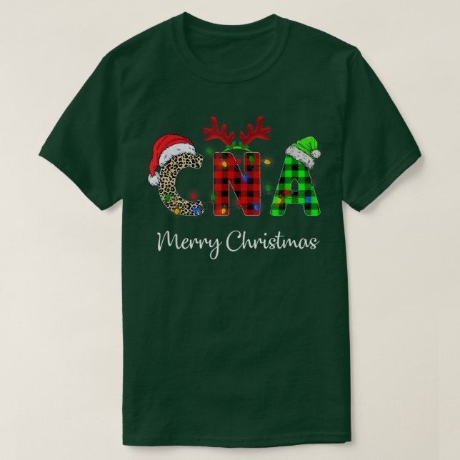 Leopard Red Plaid CNA Nursing Santa Hat Reindeer C T-Shirt (Design Front)