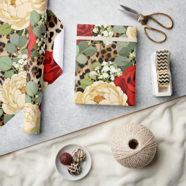 Leopard & Red Rose Pattern - Chic Floral Animal Wrapping Paper (Crafts)