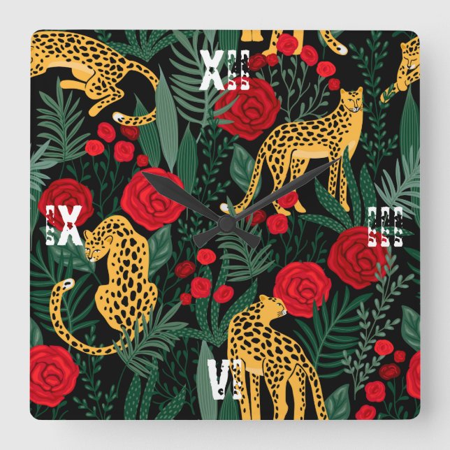 Leopard Red Roses Animal Safari Green Leaves Square Wall Clock (Front)