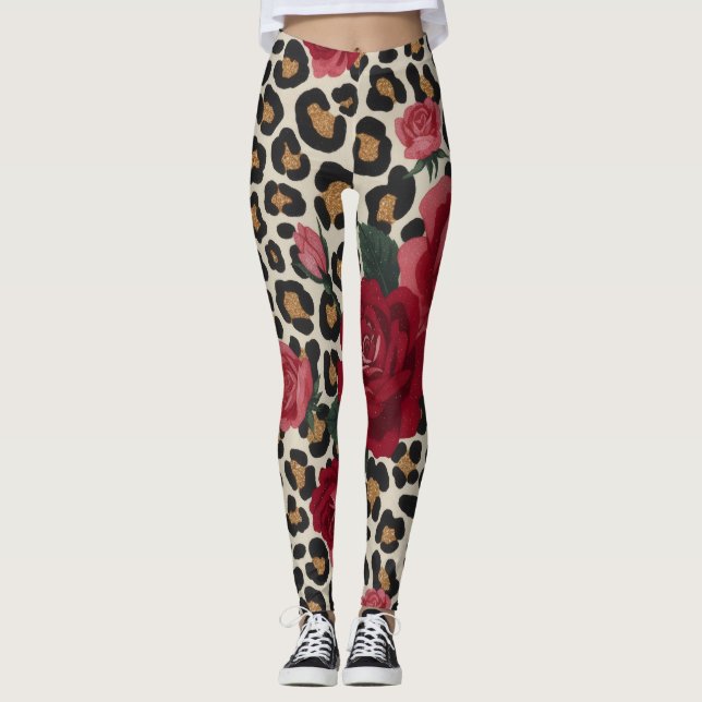 Leopard Red Roses Pattern Leggings (Front)