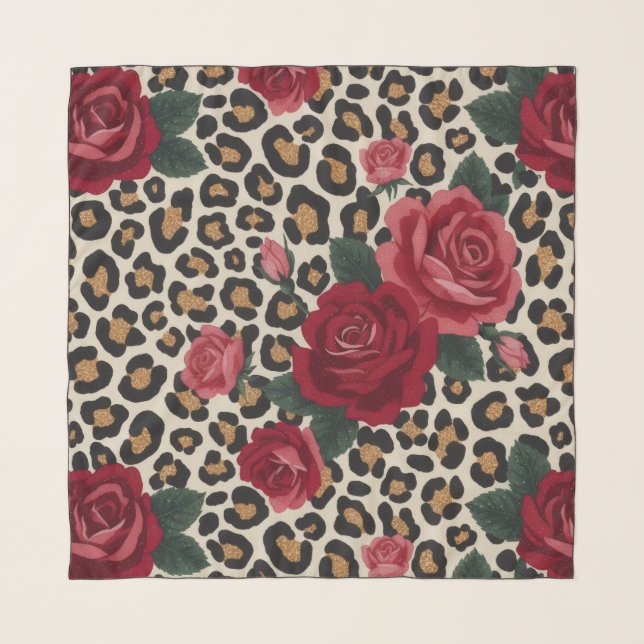 Leopard Red Roses Pattern Scarf (Front)