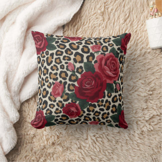 Leopard Red Roses Pattern Throw Pillow