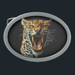 Leopard roaring attack head belt buckle<br><div class="desc">Fierce Powerful Leopard Roaring attack portrait close up with long fangs. Original vector illustration isolated on white Copyright BluedarkArt TheChameleonArt.</div>