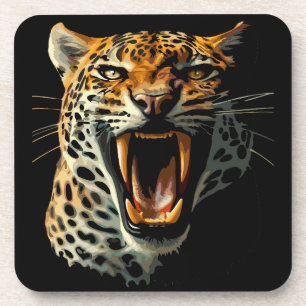 Leopard roaring attack head beverage coaster
