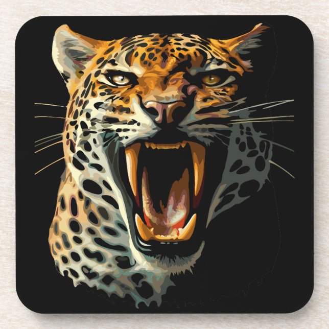 Leopard roaring attack head beverage coaster (Front)