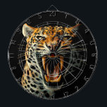 Leopard roaring attack head dart board<br><div class="desc">Fierce Powerful Leopard Roaring attack portrait close up with long fangs. Original vector illustration isolated on white Copyright BluedarkArt TheChameleonArt.</div>