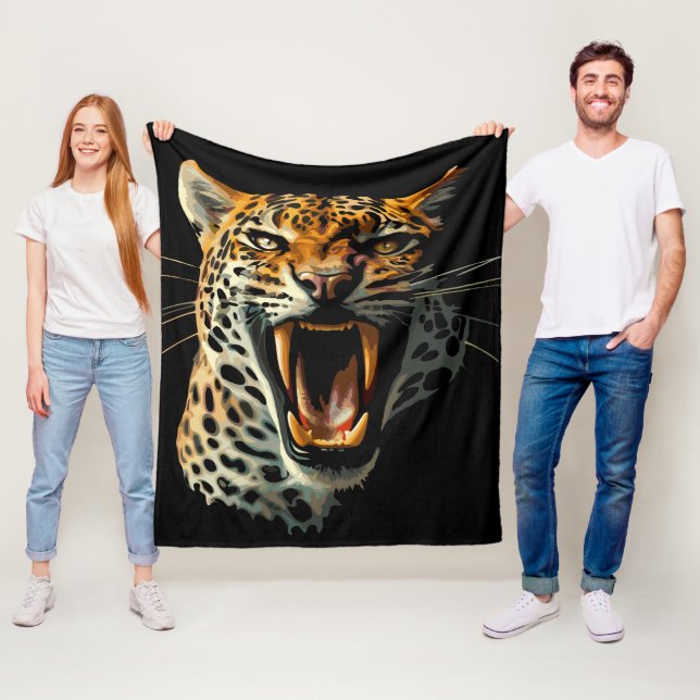 Leopard roaring attack head fleece blanket (In Situ)