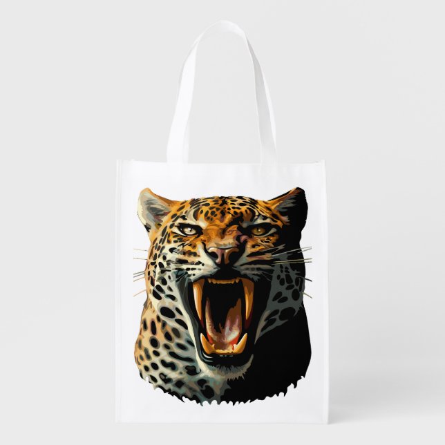 Leopard roaring attack head grocery bag (Front)