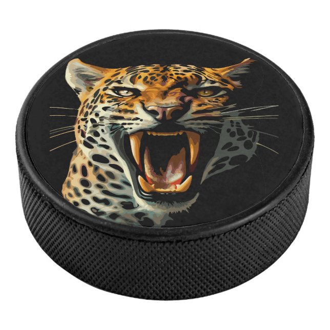 Leopard roaring attack head hockey puck (3/4)