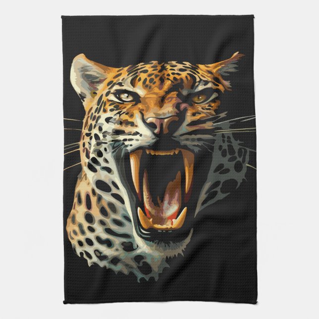 Leopard roaring attack head kitchen towel (Vertical)