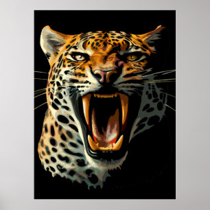 Leopard roaring attack head poster