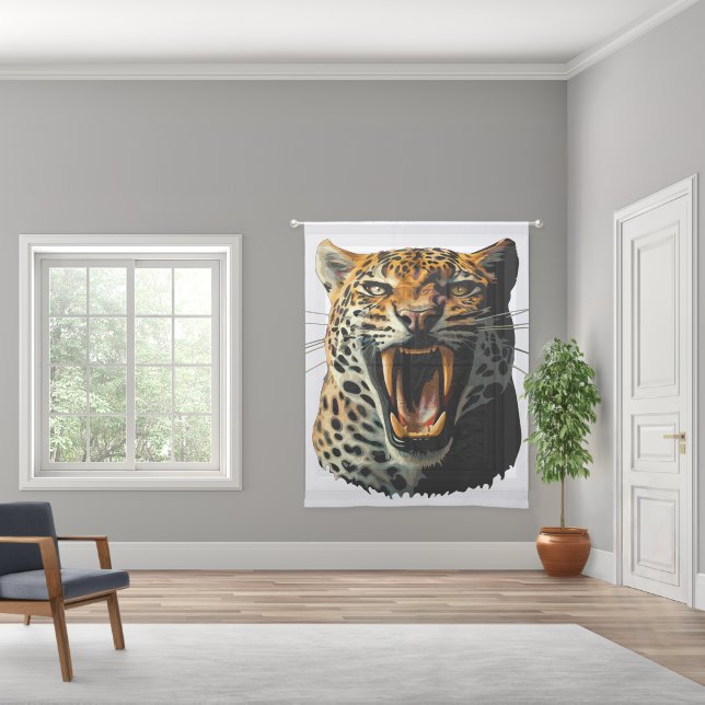Leopard roaring attack head sheer curtains (Wide)