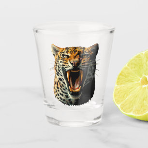 Leopard roaring attack head shot glass