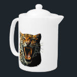 Leopard roaring attack head teapot<br><div class="desc">Fierce Powerful Leopard Roaring attack portrait close up with long fangs. Original vector illustration isolated on white Copyright BluedarkArt TheChameleonArt.</div>
